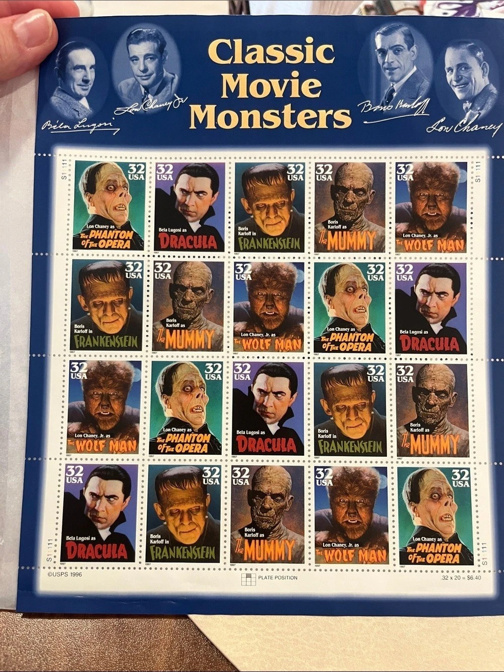 Vintage 1997 USPS Classic Movie Monsters Full Stamp Sheet 32 Cent Mint